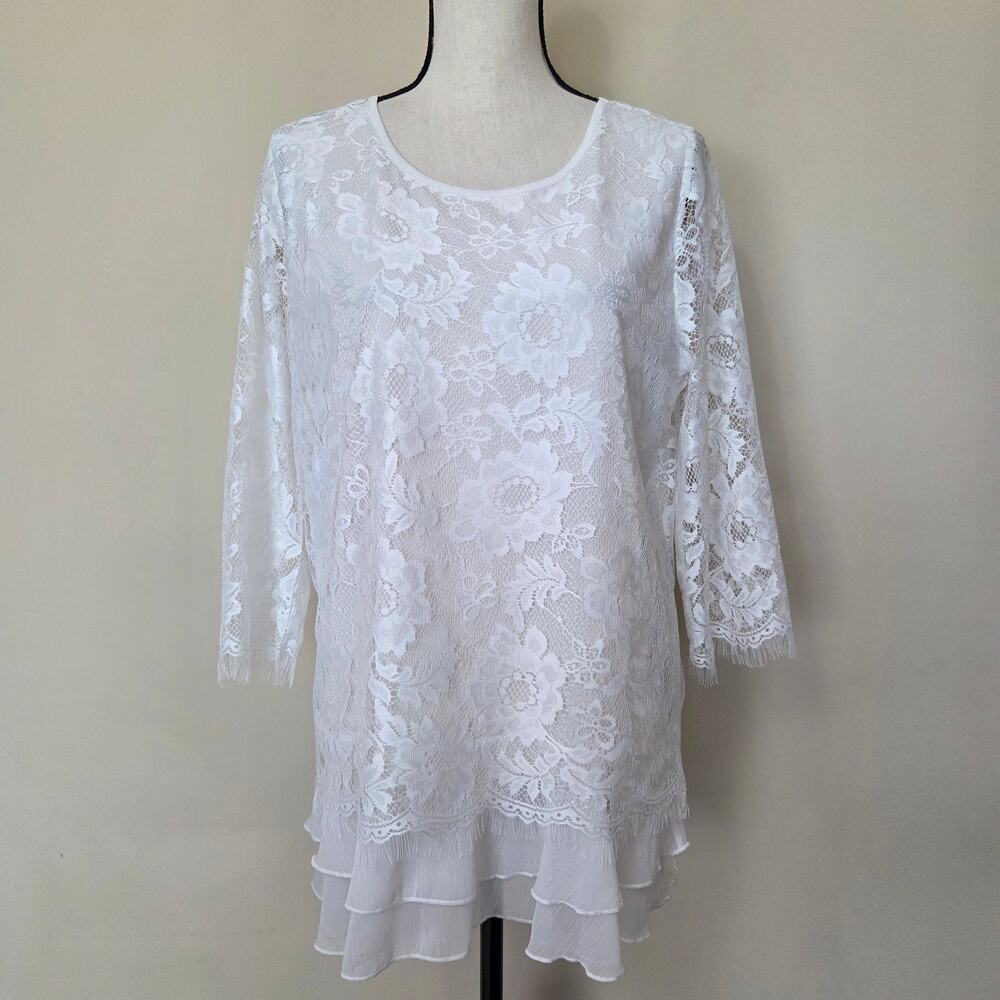 Fair Lay 10 Lace Dressy Layered Pullover 3/4 Sleeve Scoop Neck Blouse Top Ivory - Picture 1 of 16